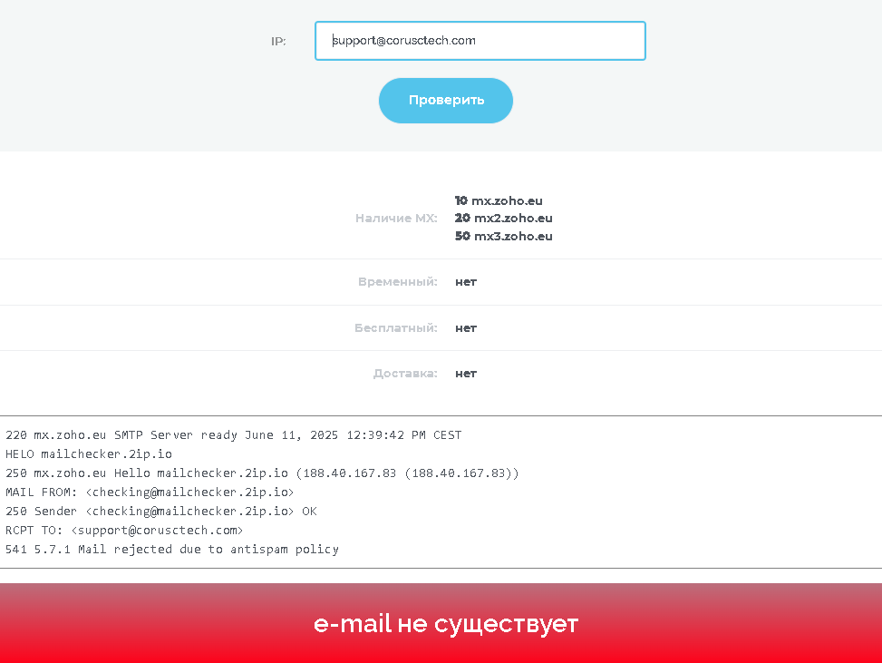 Corusctech проверка e-mail