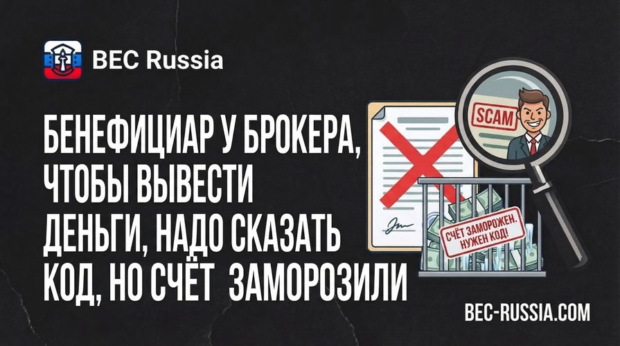 Бенефициар у брокера, чтобы вывести деньги, надо сказать код, но счёт заморозили